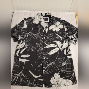 Porter & Ash Kinetic 4 Way Stretch Black White Hawaiian Button Up Men's Medium